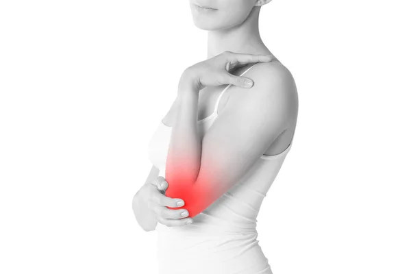 Woman Pain Elbow Joint Inflammation Isolated White Background Painful Area — Stock Photo, Image