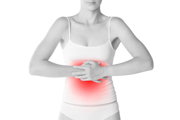 Mujer Con Dolor Abdominal Dolor Estómago Aislado Sobre Fondo Blanco —  Fotos de Stock