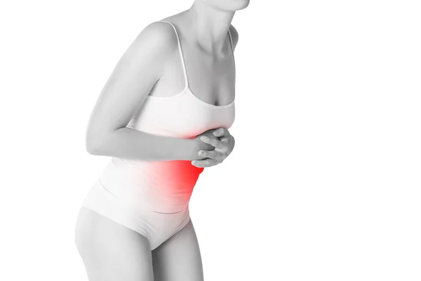 Woman Abdominal Pain Stomachache Isolated White Background Painful Area Highlighted — Stock Photo, Image