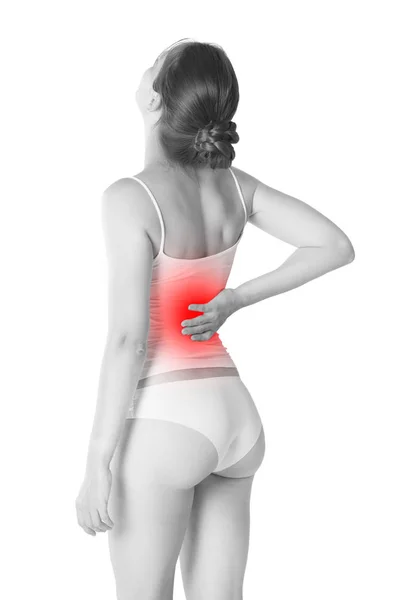 Rückenschmerzen Nierenentzündung Schmerzen Körper Der Frau Isoliert Auf Weißem Hintergrund — Stockfoto