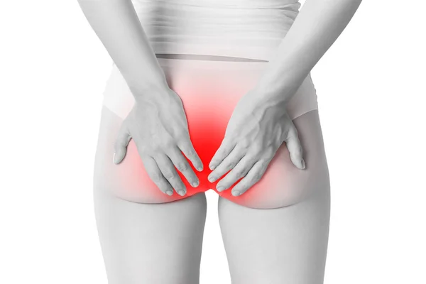 患有痔疮的妇女 肛门疼痛隔离在白色背景 痛苦区域突出在红色 — 图库照片