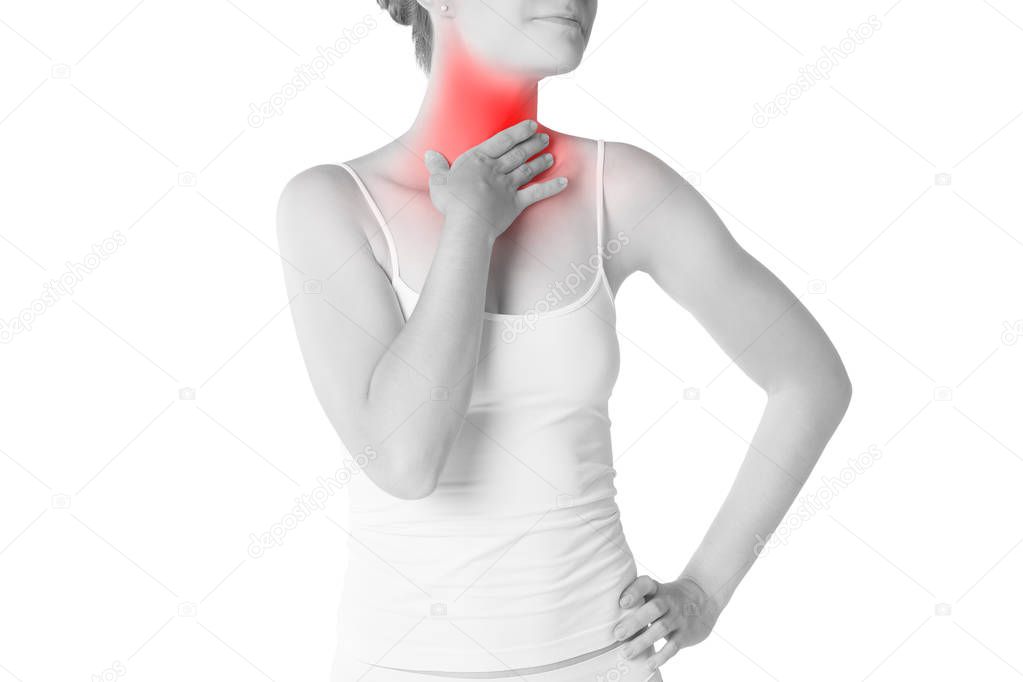 Sore throat, woman with pain in neck, isolated on white background, painful area highlighted in red
