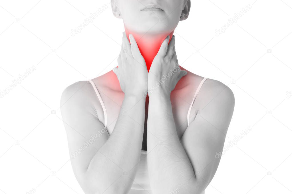 Sore throat, woman with pain in neck, isolated on white background, painful area highlighted in red