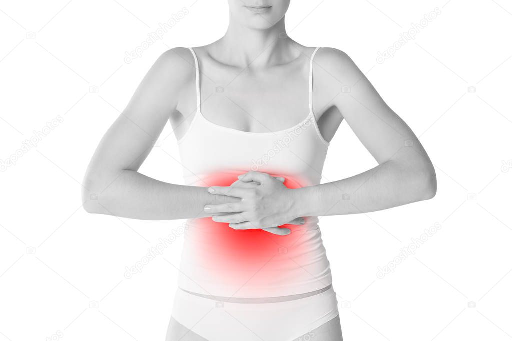 Woman with abdominal pain, stomachache isolated on white background, painful area highlighted in red