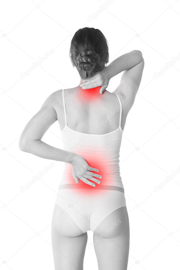 Back pain, woman with backache isolated on white background, painful area highlighted in red