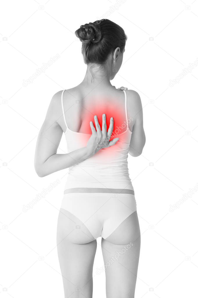 Back pain, woman with backache isolated on white background, painful area highlighted in red