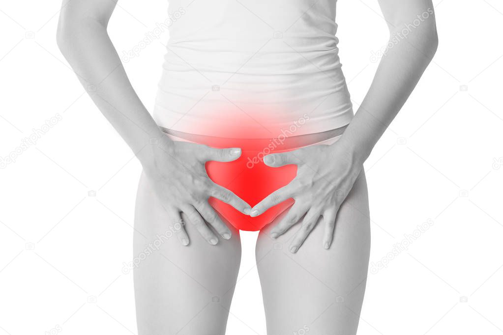 Woman with menstrual pain, stomachache isolated on white background, painful area highlighted in red