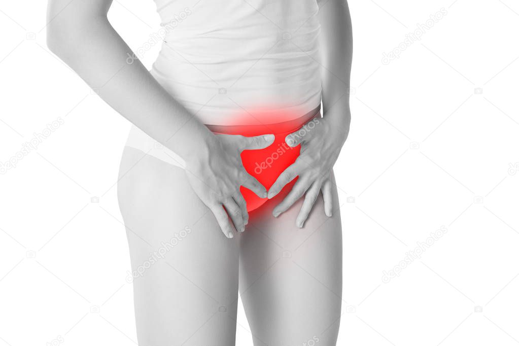 Woman with menstrual pain, stomachache isolated on white background, painful area highlighted in red