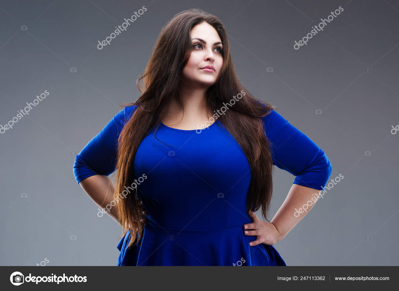 Brunette Size Fashion Model Blue Dress Fat Long Hair Stock Photo by ©starast 247113362