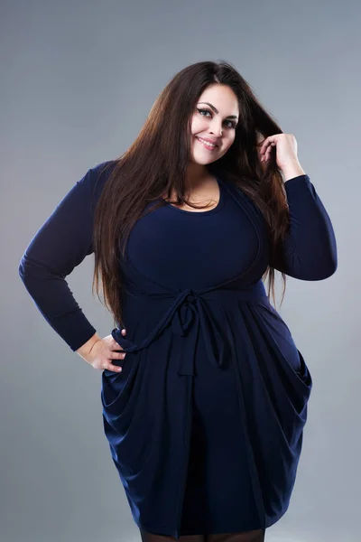 Happy Size Fashion Model Blue Dress Sexy Fat Woman Gray — Stock Photo, Image