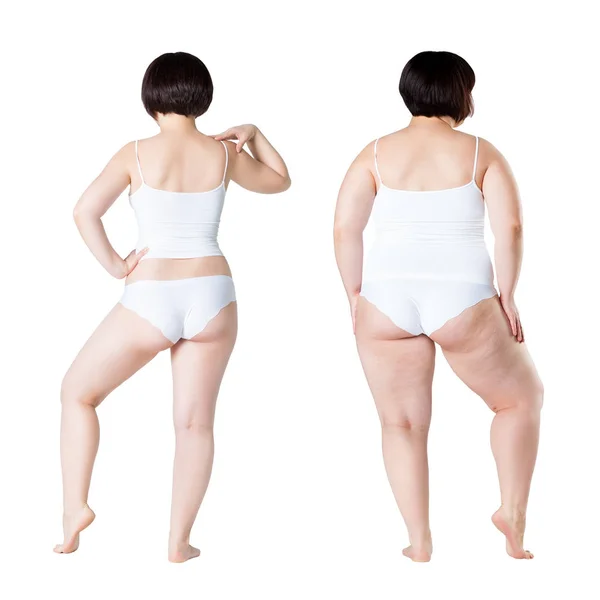 Le corps de la femme avant et après la perte de poids isolé sur fond blanc — Photo