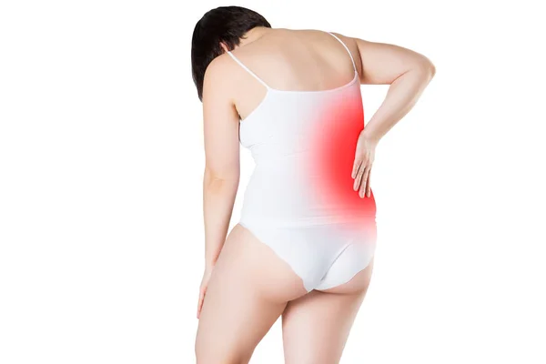 Dolor de espalda, inflamación renal, dolor en el cuerpo de la mujer —  Fotos de Stock