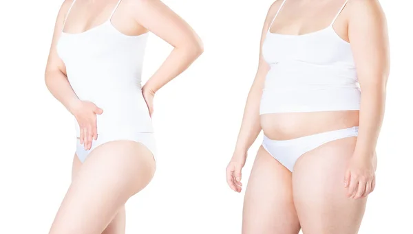 Woman\'s body before and after weight loss isolated on white background