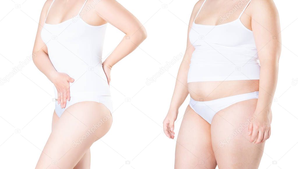 Woman's body before and after weight loss isolated on white background
