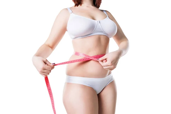 Vrouw met dikke buik, overgewicht vrouwelijk lichaam geïsoleerd op witte achtergrond — Stockfoto