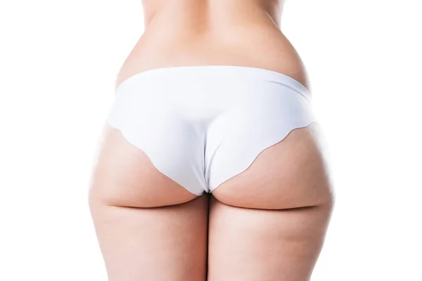 Mujer con sobrepeso, piernas gordas y nalgas, obesidad cuerpo femenino aislado sobre fondo blanco — Foto de Stock
