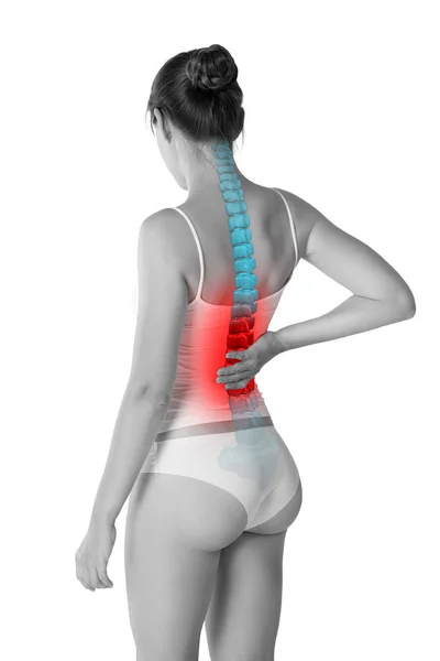 Pijn in de wervelkolom, een vrouw met rugpijn, letsel in de menselijke rug, chiropractische behandelingen concept geïsoleerd op witte achtergrond — Stockfoto