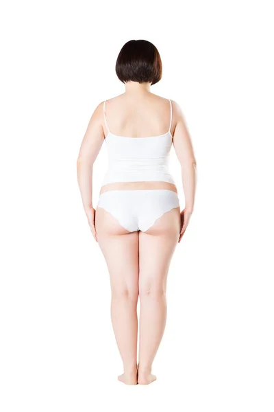 Vrouw in ondergoed geïsoleerd op witte achtergrond, niet dun en niet vet lichaamsvorm — Stockfoto
