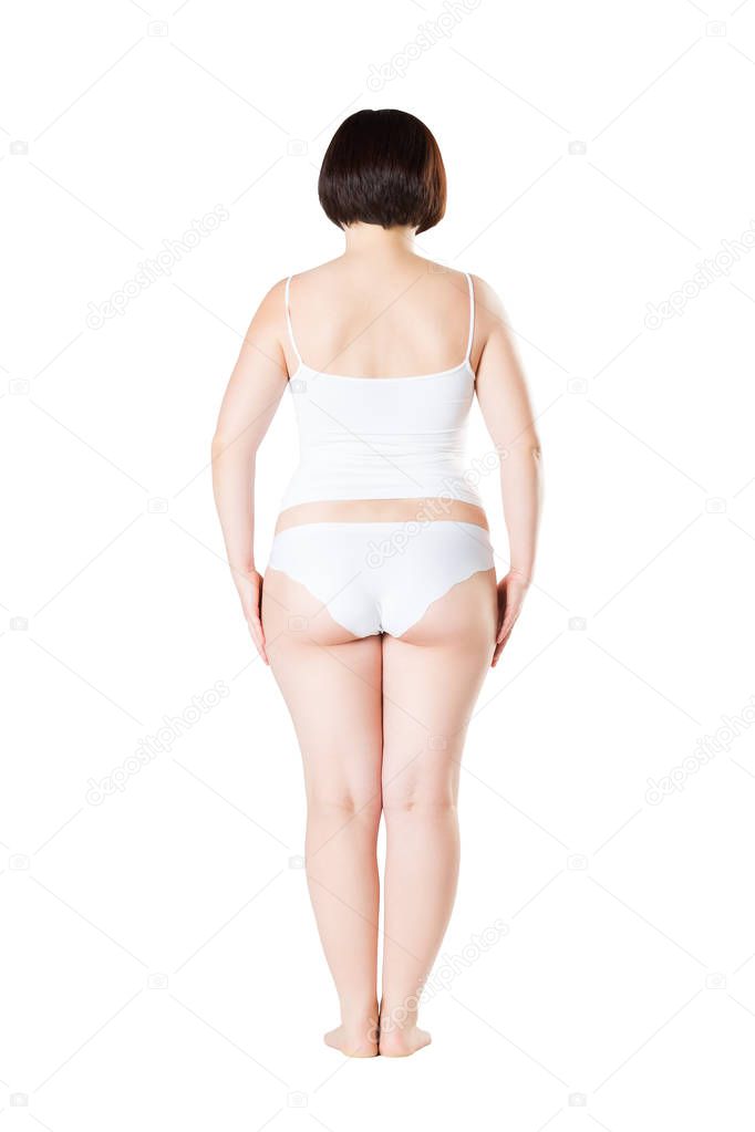 Woman in underwear isolated on white background, not thin and not fat body shape