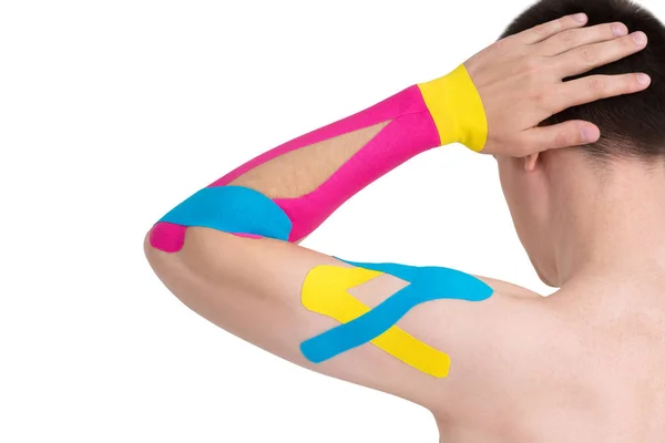 Kinesiology taping on human hand, isolated on white background — Stock Photo, Image