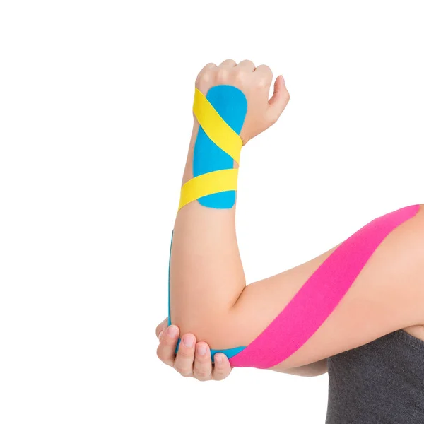 Kinesiology taping on human hand, isolated on white background — Stock Photo, Image