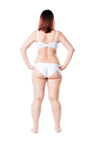 Donna grassa in biancheria intima isolata su sfondo bianco, cellulite su corpo femminile — Foto Stock