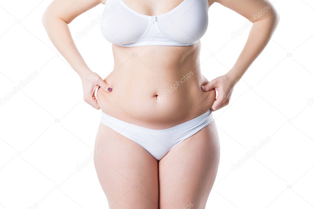 Woman with fat flabby belly, overweight female body isolated on white background