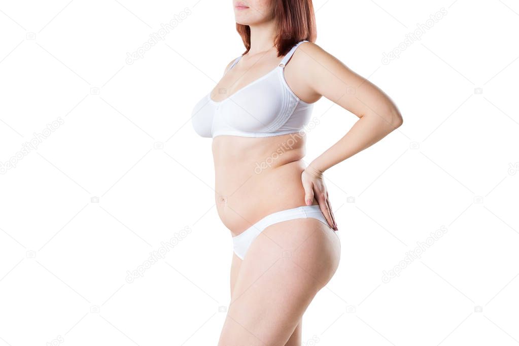 Woman with fat flabby belly, overweight female body isolated on white background
