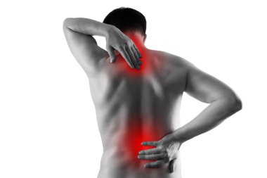 Erkek vücudunda ağrı, sırt ağrısı olan adam, beyaz arka planda izole siyatik ve skolyoz, chiropractor tedavi kavramı