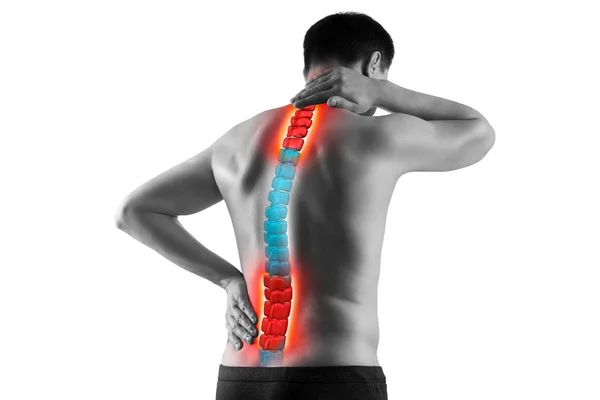 Dor na coluna vertebral, homem com dor nas costas, ciática e escoliose isolada em fundo branco, conceito de tratamento quiroprático — Fotografia de Stock
