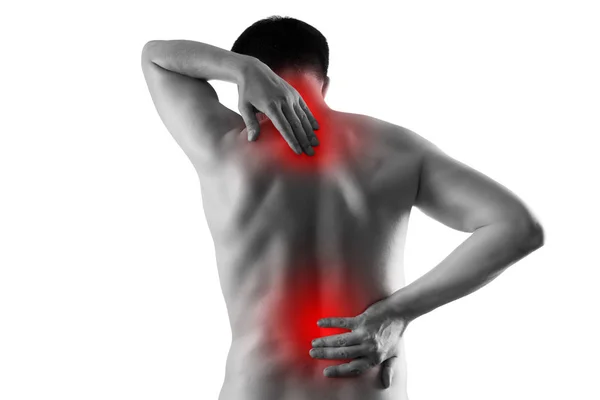 Πόνος στο αρσενικό σώμα, άνθρωπος με πόνο στην πλάτη, ισχιαλγία και σκολίωση που απομονώνεται σε λευκό φόντο, έννοια της θεραπείας χειροπρακτικος — Φωτογραφία Αρχείου