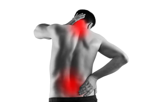 Dolor en el cuerpo masculino, hombre con dolor de espalda, ciática y escoliosis aisladas sobre fondo blanco, concepto de tratamiento quiropráctico —  Fotos de Stock