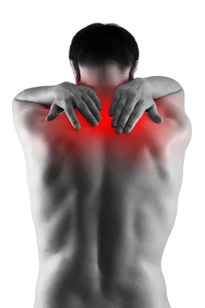 Боль в шее, человек, страдающий от боли в спине изолированы на белом фоне — стоковое фото