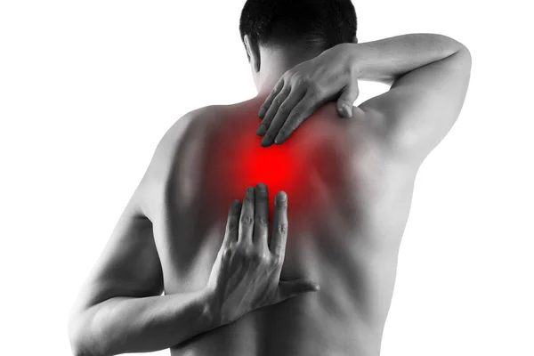 Ból pleców, człowiek cierpiący na bóle pleców na białym tle — Zdjęcie stockowe
