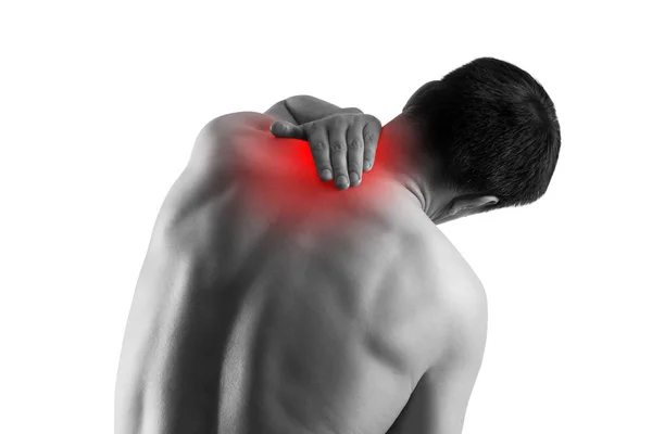 Neck pain, man suffering from backache isolated on white background — Stock Photo, Image