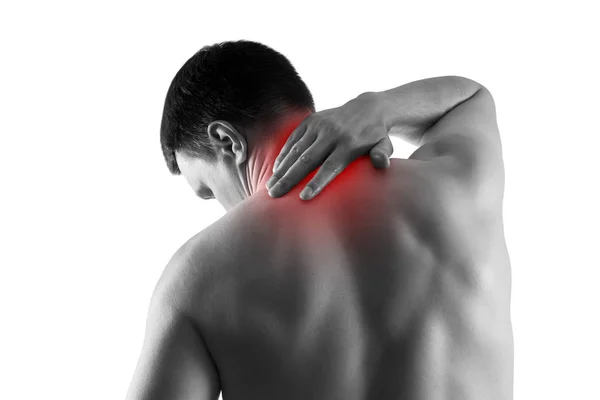 Dor no pescoço, homem que sofre de dor nas costas isolado em fundo branco — Fotografia de Stock