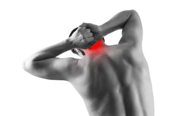 Neck pain, man suffering from backache isolated on white background — Stock Image Neck pain, man suffering from backache isolated on white background Stock Image