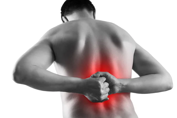 Nierstenen, pijn in het lichaam van een man geïsoleerd op witte achtergrond, chronische ziekten van het urine systeemconcept Stockfoto