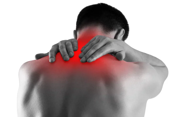 Ból szyi, człowiek cierpiący na bóle pleców na białym tle Zdjęcie Stockowe