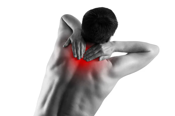 Боль в шее, человек, страдающий от боли в спине изолированы на белом фоне Лицензионные Стоковые Фото