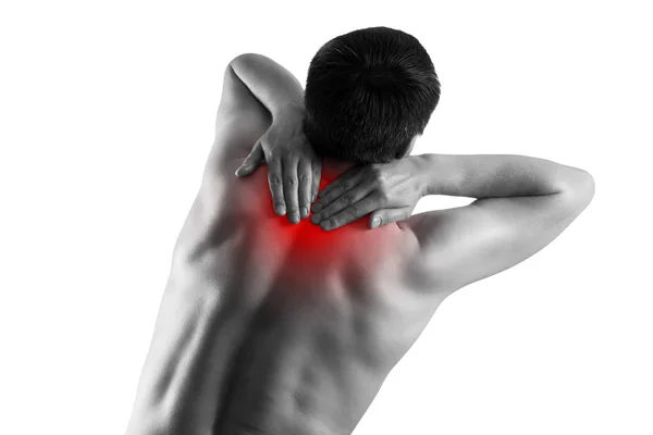 Neck pain, man suffering from backache isolated on white background — Stock Image Neck pain, man suffering from backache isolated on white background Royalty Free Stock Images