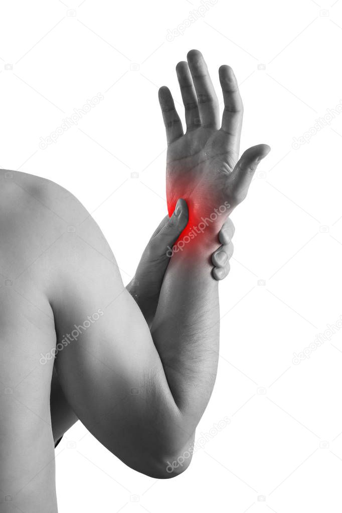 Pain in hand, carpal tunnel syndrome isolated on white background