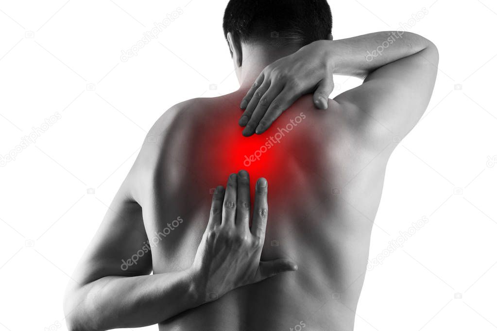 Back pain, man suffering from backache isolated on white background
