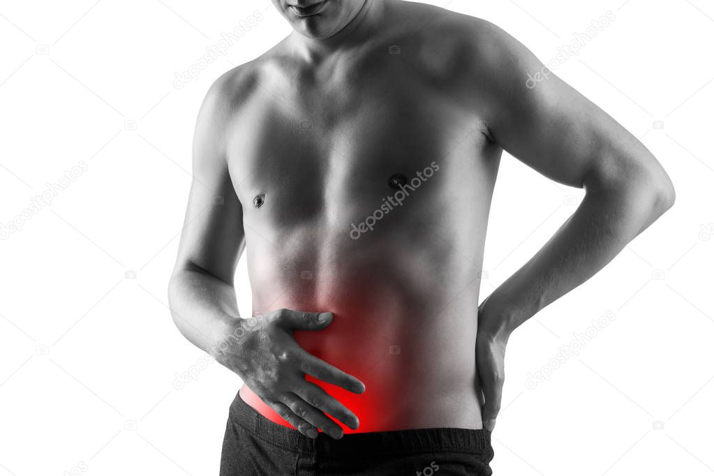 Man with abdominal pain, stomach ache isolated on white background