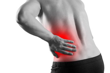 Böbrek taşları, beyaz arka planda izole edilmiş bir erkeğin vücudunda ağrı, idrar sistemi kavramının kronik hastalıkları