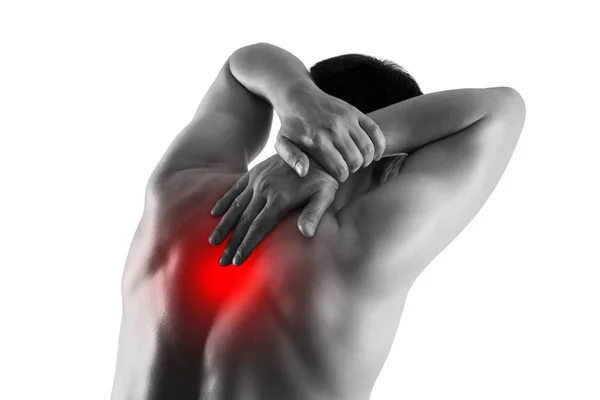 Neck pain, man suffering from backache isolated on white background — Stock Image Neck pain, man suffering from backache isolated on white background Stock Picture