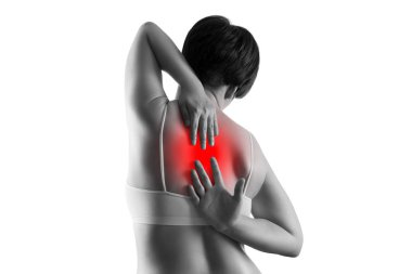 Sırt ağrısı, beyaz arka plan üzerinde izole sırt ağrısı muzdarip kadın