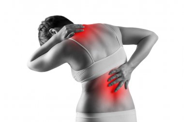 Erkek vücudunda ağrı, sırt ağrısı olan kadın, beyaz arka planda izole siyatik ve skolyoz, chiropractor tedavi kavramı