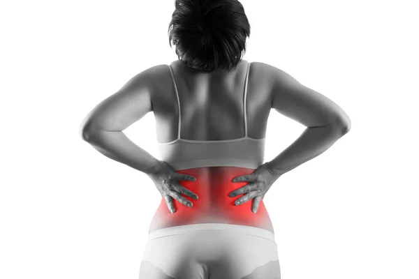 Nierstenen, pijn in het lichaam van een vrouw geïsoleerd op witte achtergrond, chronische ziekten van het urinestelsel concept — Stockfoto