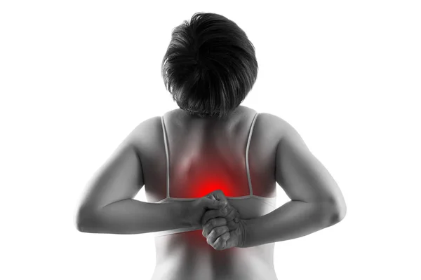Dor nas costas, mulher que sofre de dor nas costas isolada no fundo branco — Fotografia de Stock